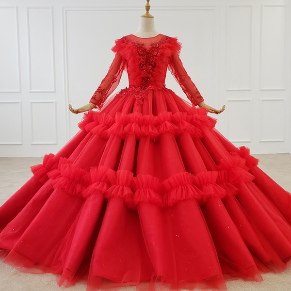 Red Bridesmaid Dresses Illusion O Neck Floor Length Long Tulle Sleeve Tiered Lace Evening Dress Ball Gown Vestidos De Novia Embarazada