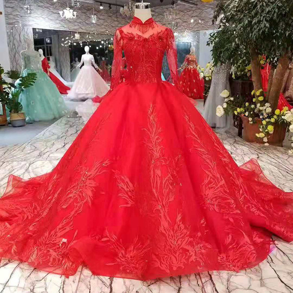 2022New Ball Gown Red Pageant Party Dresses Long Tulle Sleeve Muslim Evening Dresses Long High Neck Luxury Celebration Dress Saudi Arabia