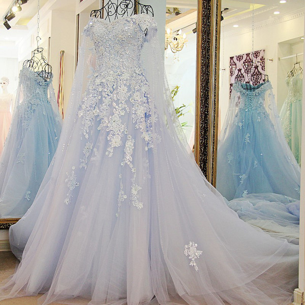 Stunning Long Evening Dresses A-Line Formal Dresses Off The Shoulder short sleeves Appliques Baby Blue Evening Dresses with Long Cape