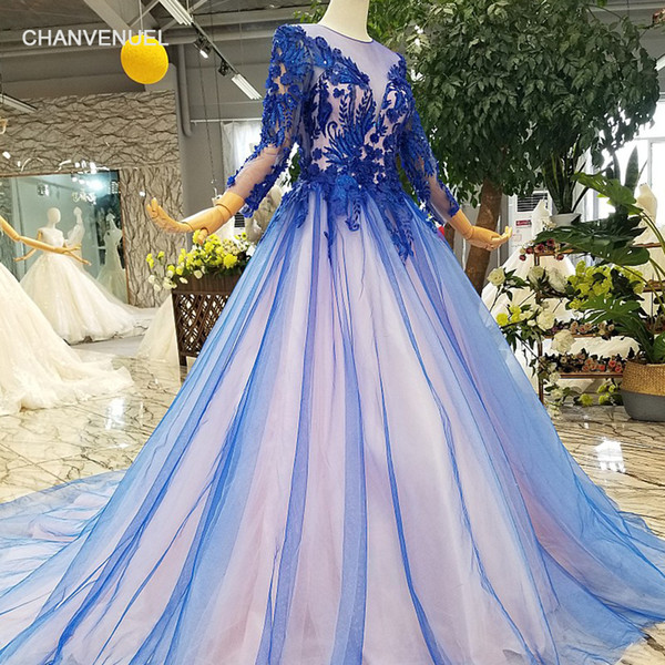 Elegant Royal Blue Evening Dresses O-Neck Long Sleeves A-Line Lace Up Back Evening Formal Prom Dresses For Woman Real Photo Brush Train