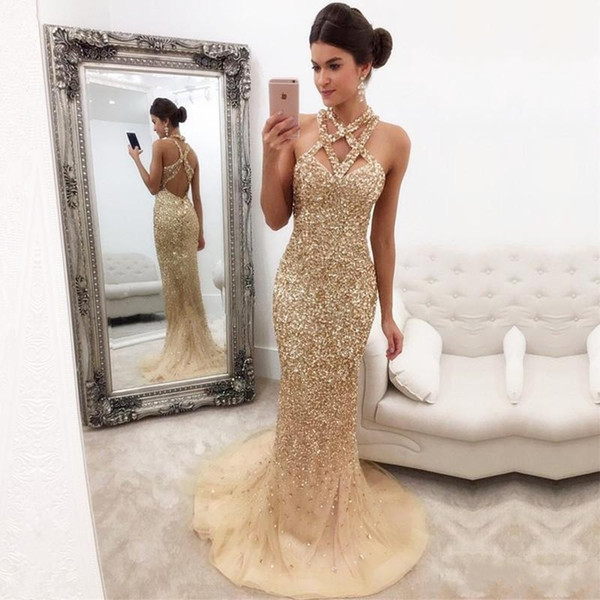 Champagne Major Beading Prom Dresses Sexy Neckline Sequins Tulle Girls Pageant Dresses Hollow Back Luxury Mermaid Evening Gowns