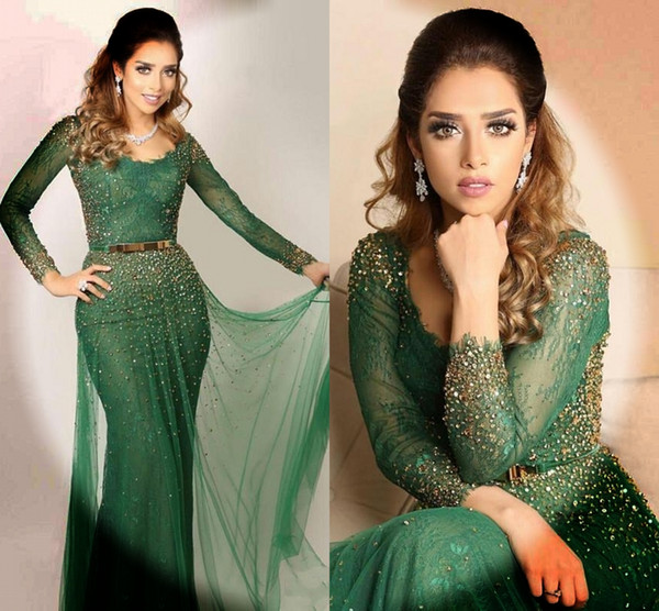 Saudi Arabic Green Evening Dresses Bateau Lace Crystal Beaded Sheer Long Sleeves Prom Gowns Mermaid Evening Gowns DH4124