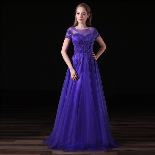 Elegant Girls Dresses O Neck Short Sleeves With Beading A Line Tulle Long Party Formal Evening Dresses For Women Prom Dresses Gowns DH4269