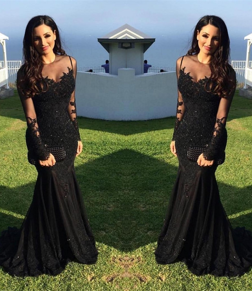 Black Plus Size Wedding Sexy Arabic Illusion Lace Appliques Crystal Beaded Mermaid Long Sleeves Formal Evening Gowns HY380