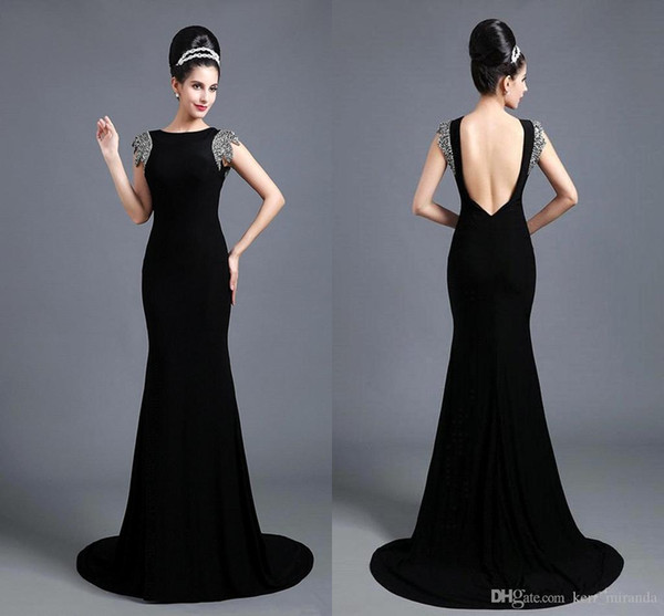 Custom Made Fancy Lady Formal Dresses Black Spandex Mermaid Party Gown Bateau Sweep Train Sequin Beaded Backless Evening Dresses