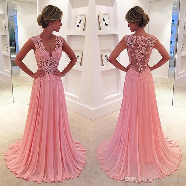 Pink Bridesmaid Dresses Lace Formal Evening Dresses Ball Gowns With A Line V Neck Floor Length Chiffon Prom Dresses HY138