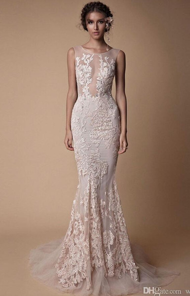 Modern Champagne Color Lace Applique Mermaid Evening Dresses Wear Sheer Neck Backless Full length Custom Make Fishtail Prom Pageant Gowns