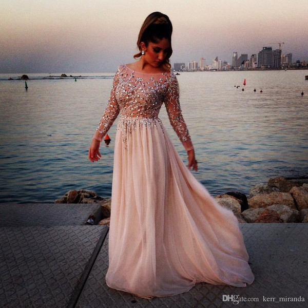 Elegant Evening Dresses Long Sleeves Sheer Neck Beaded Prom Gowns Chiffon Panels Sweep Train Sheer Back Zipper Custom Made Party Dresses