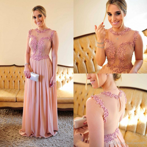 Sexy Sheer Back Pink Evening Dresses Floor Length Special Occasion Long Evening Gowns With Beaded Pearls Lace Plus Size Prom Dresses