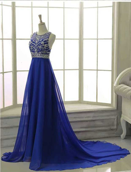 Royal Blue Luxurious Evening Dresses Jewel A Line Beaded Applique Sweep Train Backless Prom Dresses Chiffon Formal Party Gowns HY136