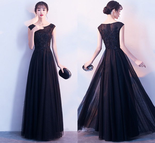 New Black Lace Elegant Long Evening Dresses Lace Applique Shoulder Bridesmaid Party Dresses Mother Of The Bride HY090