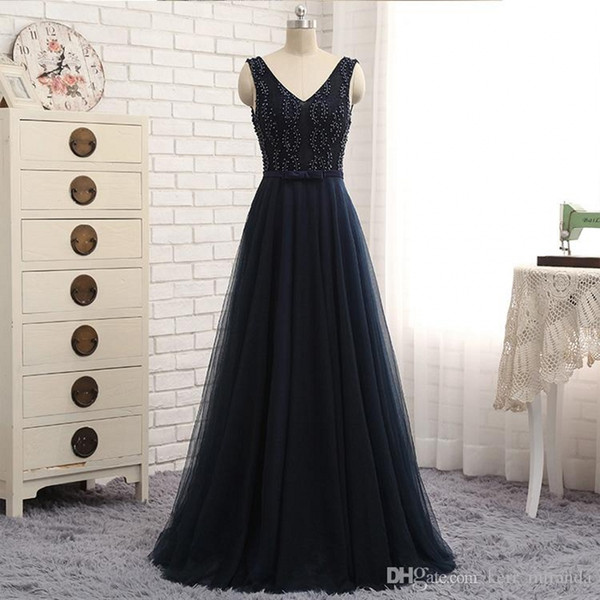 New High-end Heavy Manual Evening Dresses Handmade Beaded Pearl Navy Lace Yarn Shoulder V Collar Backless Prom Party Dresses HY108