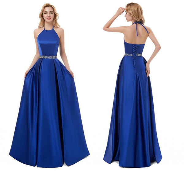 Custom Made Beaded Satin A Line Long Evening Dresses Royal Blue Black Halter Neck Evening Gowns Beading Prom Dress