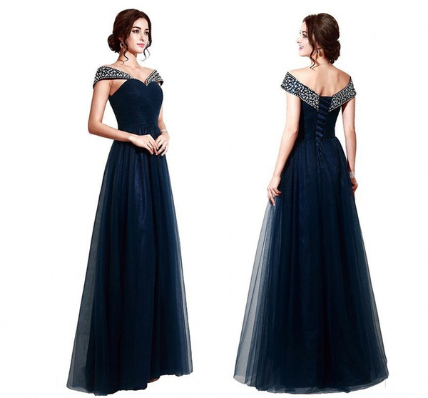 Custom Made Elegant Navy Blue Off Shoulder Tulle Evening Dresses Beaded Prom Dresses Floor Length Party Dress