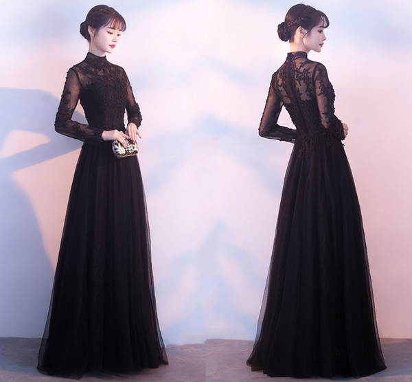 High Quality New Black Long Sleeved Evening Dresses Handmade Decal Pearl Long Winter Ball Dresses Plus Size Prom Dresses