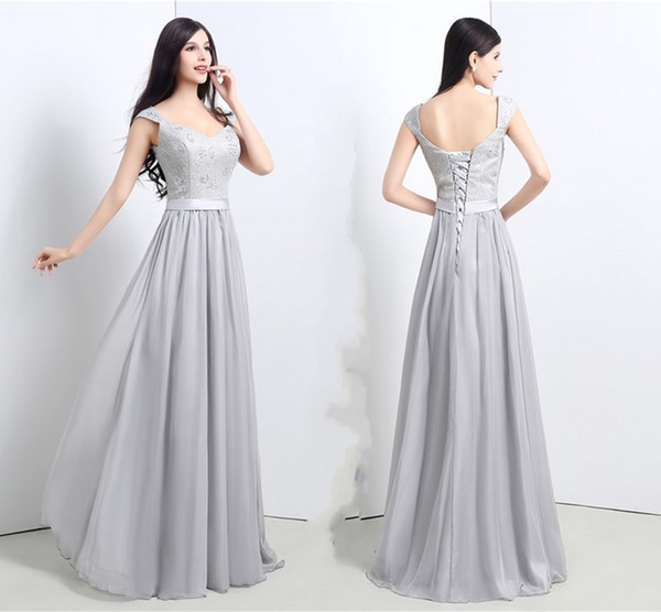 High Quality Silver Collar Formal Evening Dresses Shoulders V Long Slim Halter Straps Lace Chiffon Bridesmaid Dresses New Party Prom Dresses