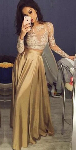 Beautiful Lace Long Sleeve Gold Two Piece Evening Dresses Satin Cheap Prom Gowns Sheer Golden Mother Of The Bride Party Dresses HY213