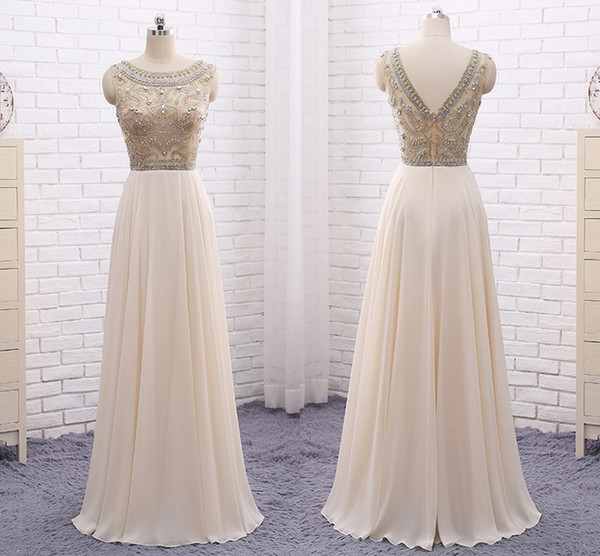 New High-end Heavy Handmade Evening Dresses Handmade Beaded Chiffon Beige T-Shirt Shoulder Long Section Prom Party Dresses HY107