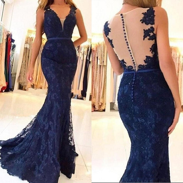 Sexy Lace Mermaid Evening Dresses Deep V-Neck Illusion Cover Buttons Sweep Train Illusion Formal Party Prom Gown Hot Vestidos De Fiesta