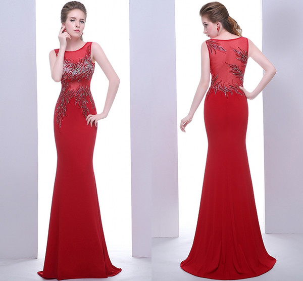 High Quality New Red Fashion Formal Evening Dresses Round Neck Tulle Hand-Made Beads Party Adult Dresses Mermaid Prom Dresses HY042