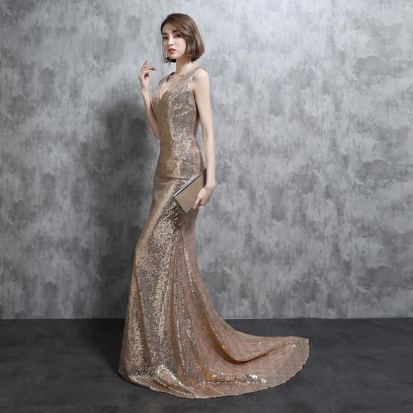 Sequins Prom Dresses Robe de Soiree V Neck Sweep Train With Sleeveless Mermaid Long Evening Dresses Bridesmaid Dresses