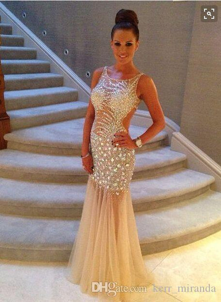 Modern Crystals Tulle Celebrity Dresses Sheath Colorful Beads Hollow Back Evening Dresses Sleeveless Scoop Neck Floor-length Prom Dresses