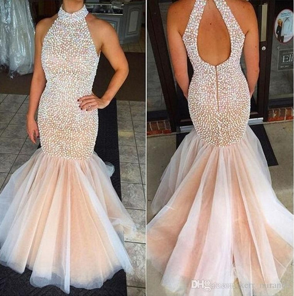 Custom Made Stunning Beaded Crystal Mermaid Party Dresses Backless Halter Evening Gowns Robe de Soiree Formal Prom Dresses Floor Length