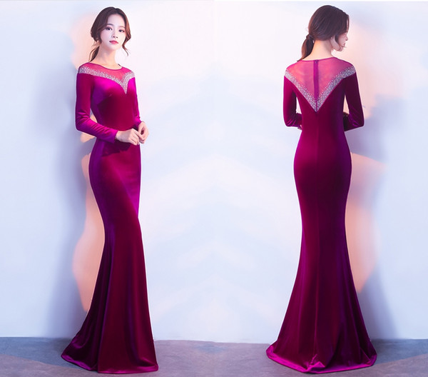 Winter Long Sexy Elegant Blue Velvet Evening Dresses Plus Size Prom Dresses Fishtail Neck Long Sleeved Halter Party Dresses