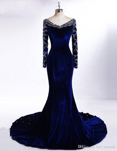 Royal Blue Long Sleeve Evening Dresses Floor Length New Arrival Beaded Arabic Evening Gowns Plus Size Party Prom Dresses