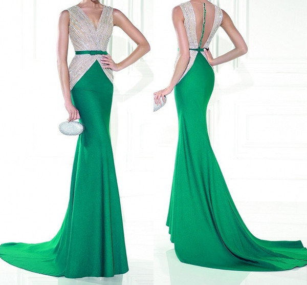 High Quality New Fish Tail Gown V Collar Red Green Handmade Party Dresses Evening Dresses Mermaid Prom Dresses Vestidos De Fiesta