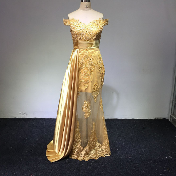 Off The Shoulder Long Evening Dresses Arabic Golden Tulle Applique Ruched Beaded Floor Length Pageant Formal Party Prom Gowns DH4210