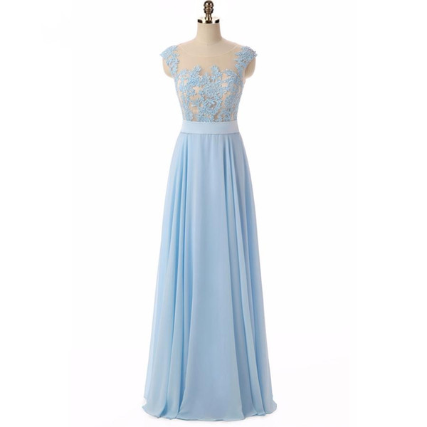 Girls Sky Blue Dresses Elegant Sexy Circular collar Appliques A Line Chiffon Long Party Formal Evening Dresses Gowns For Women Prom Dresses