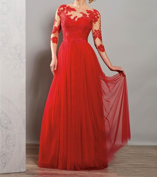 Modern A-Line Red Modest Chiffon Beach Bridesmaid Evening Dresses With 3/4 Sleeves Long Floor Formal Appliques Prom Guests Dresses