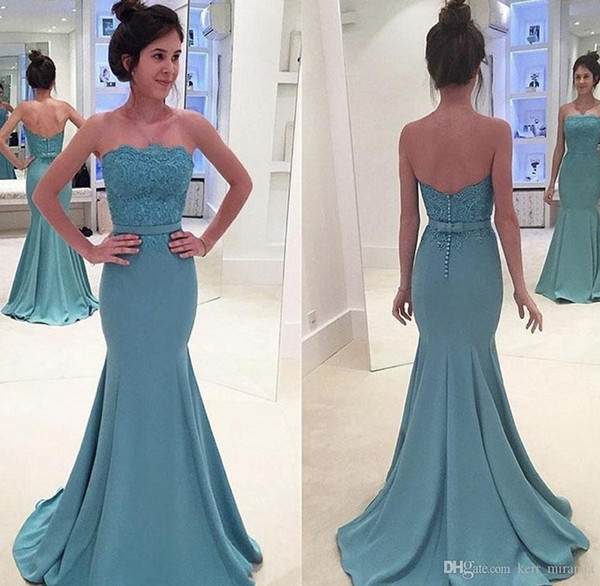 Fashion Evening Gowns Off The Shoulder Strapless Appliqued Lace Sleeveless Sweep Train Mermaid Prom Party Dresses DH4180