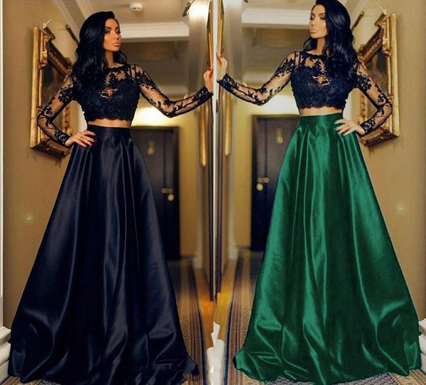 Sexy Two Pieces Arabic Evening Dresses Ball Lace Long Sleeve Jewel Plus Size Saudi African Prom Party Women Gowns Formal Dresses DH4148