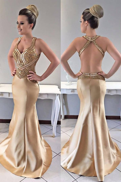 Shoulder Straps Satin Sweep Train Major Beaded Gold Prom Dresses Sexy Mermaid Gold Evening Dresses With Open Back Vestido Festa Longo DH4211