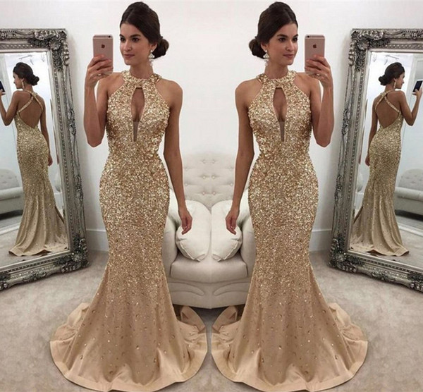 Golden Hand Extravagance Drill Evening Dresses Mermaid Party Dresses Gauze T-shirt Chest Vent Hollow Sexy Halter Fishtail Prom Dresses