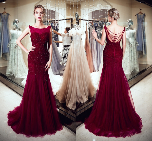 Fashion Elegant Dresses Round Neck Open Back Beading Mermaid Wine Red Tulle Long Party Formal Evening Dresses Women Prom Gowns HY4278