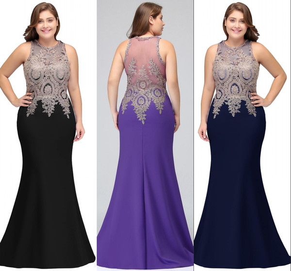 New Elegant Mermaid Evening Dresses Plus Size Long Mother Dresses Robe De soiree Prom Gowns Appliqued Illusion Back DH4253