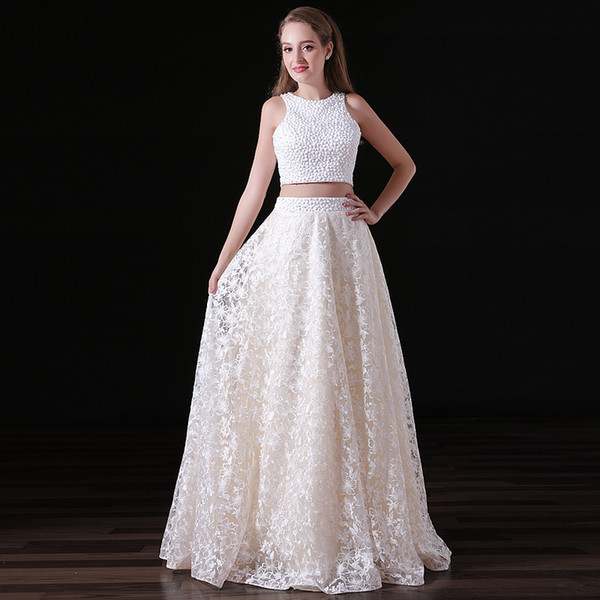 Custom Summer Two-Piece Prom Dresses Lace High Waist A Pendulum Formal Evening Dresses Backless Zipper White Gowns DH315