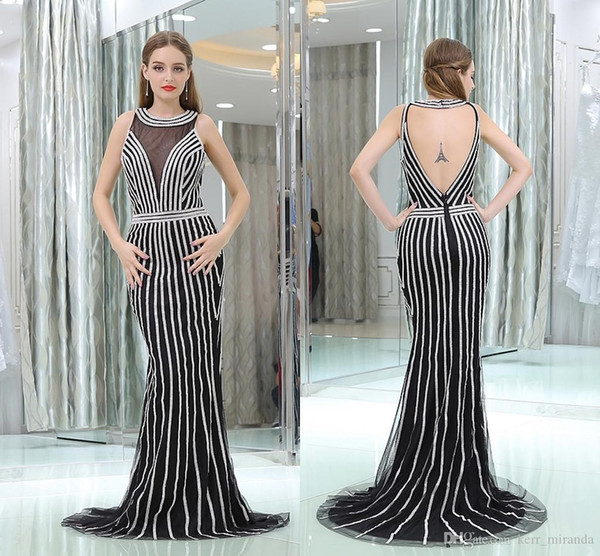 Custom Made Mermaid Round Neck Party Dresses Newest Beaded Crystal Sexy Backless Party Fitted Prom Dresses Black Evening Gowns