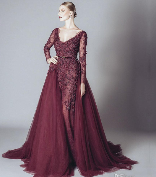 Elegant Backless Burgundy Lace Formal Celebrity Evening Dresses V Neck Long Sleeves Middle East Arabic Prom Party Gowns Cheap