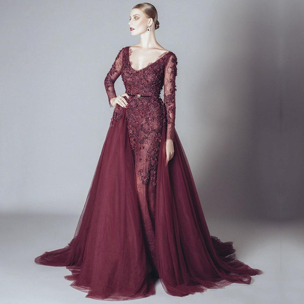 Elegant Backless Burgundy Lace Formal Celebrity Evening Dresses V Neck Long Sleeves Middle East Arabic Prom Gowns Cheap