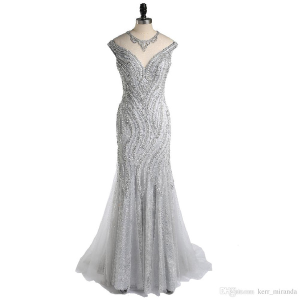 High-End Custom Pure Hand-Beaded Fashion Ball Evening Gown Sexy Fishtail Package Hip Silver Gray Lace Ball Gown Beauty Party Dresses