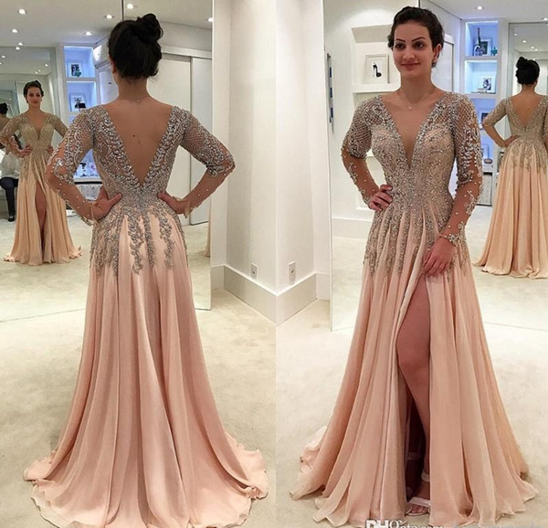 Gorgeous Crystals Backless Dresses Evening Wear Deep V Neck Beaded Party Gowns Floor Length A Line Chiffon Split Side Formal Dresses