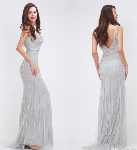 New Silver Gray Sexy High Fashion Champagne Long Evening Dresses Fishtail Ball Party Prom Dresses HY082