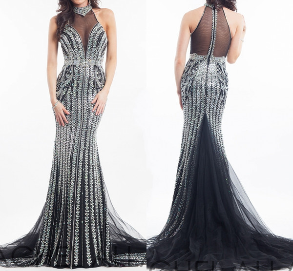 Luxury Sexy Formal Evening Dresses Beaded Shoulder Shengkuai Liang Piece Round Neck Halter Prom Dresses Sweep Train Women Customized