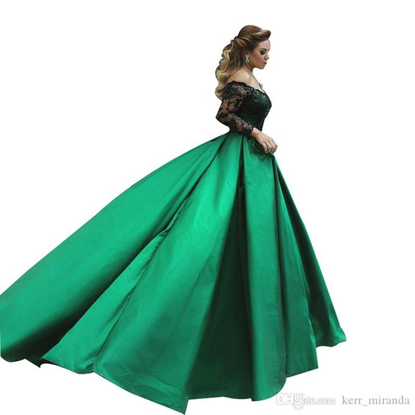 Green Black Ball Prom Dresses Off Shoulder Sheer Long Sleeves Sequins Lace Satin Plus Size Evening Dresses Formal Party Gowns