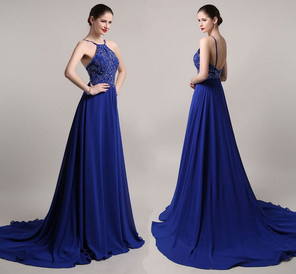 Blue New Exquisite Diamond Ornaments Sexy Halter Chiffon Long Section Trailing Formal Evening Dresses Sexy Back Dance Party Prom Dresses