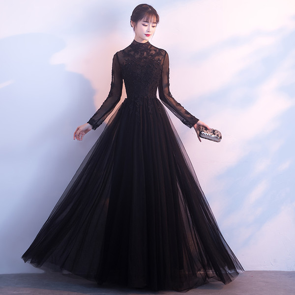 Customize High Quality New Black Long Sleeved Evening Dresses Handmade Decal Pearl Long Winter Ball Dresses HY021